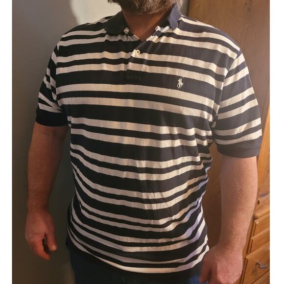 VINTAGE 1990s Polo Ralph Lauren Mens Black & White Striped Logo Shirt Size XXL - Picture 1 of 10